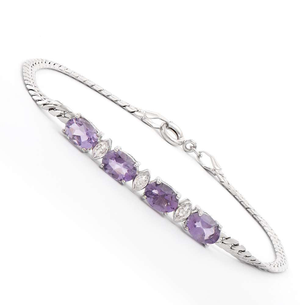 2.78 Tw Cts Amethyst & Diamonds Rhodium Plated Designer Bracelet Size 7.9 Inches