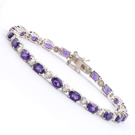 7.47 Tw Cts Amethyst & Diamonds Rhodium Plated Designer Bracelet Size 7.7 Inches