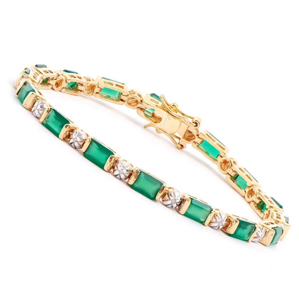 10.12 Tw Cts Green Agate & Diamonds 18K Gold Plated Designer Bracelet Size 7.5 Inches