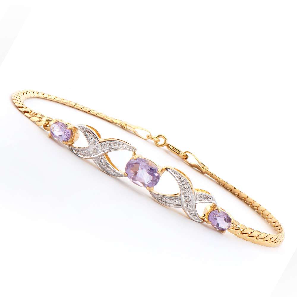 1.82 Tw Cts Amethyst & Diamonds 18K Gold Plated Designer Bracelet Size 7.75 Inches