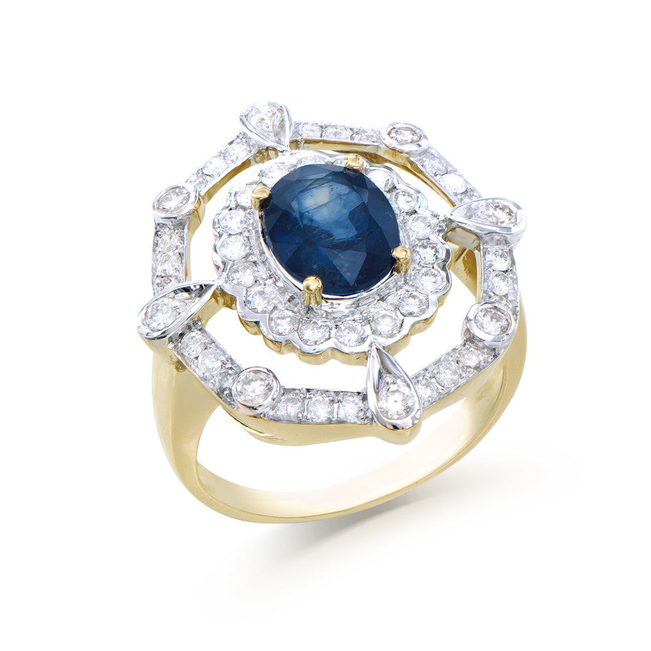 3.07 Cts Certified Diamonds & Blue Sapphire 14K Yellow Gold Designer Ring Size 7.5