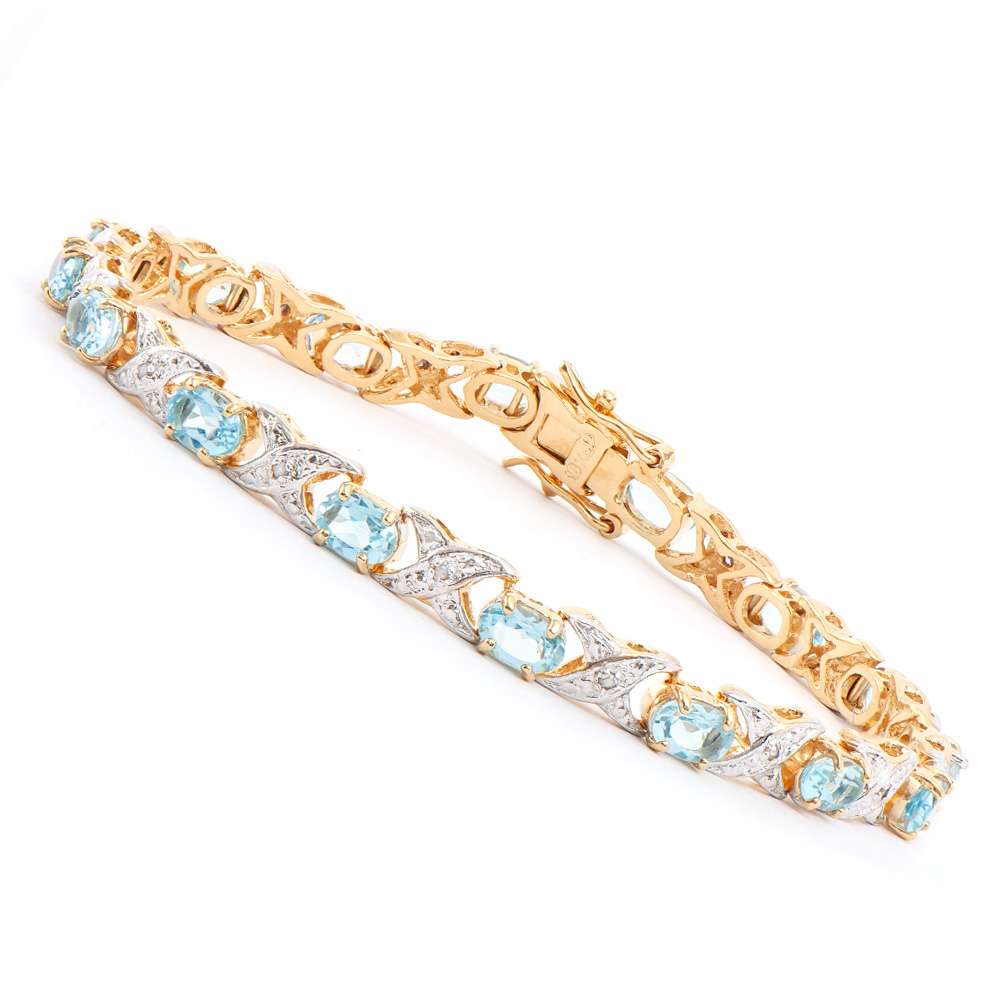 9.12 Tw Cts Blue Topaz & Diamonds 18K Gold Plated  Designer Bracelet Size 7.8 Inches