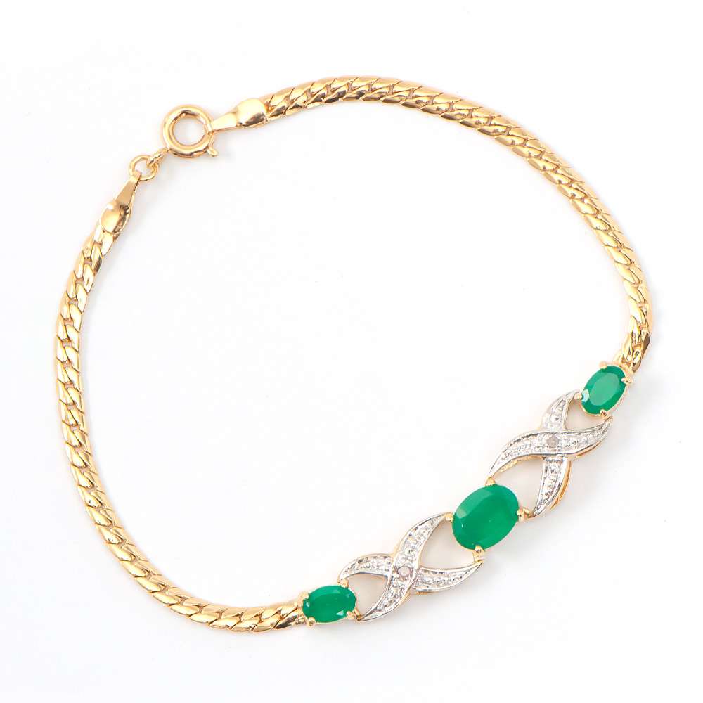 1.82 Tw Cts Green Agate & Diamonds 18K Gold Plated Designer Bracelet Size 7.75 Inches