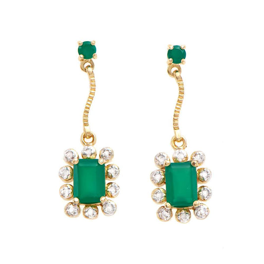 1.95 Tw Cts Green Agate & Diamonds 18K Gold Plated Designer Ear-Rings