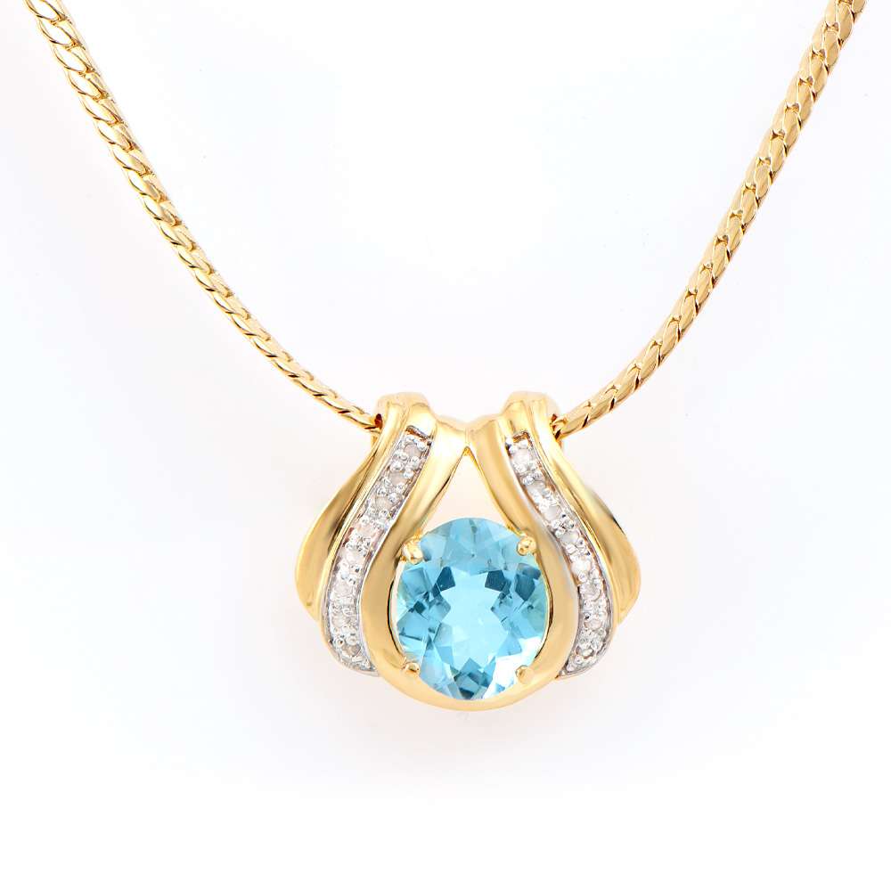 6.12 Tw Cts Blue Topaz & Diamonds 18K Gold Plated Designer Necklace Size 16 Inches