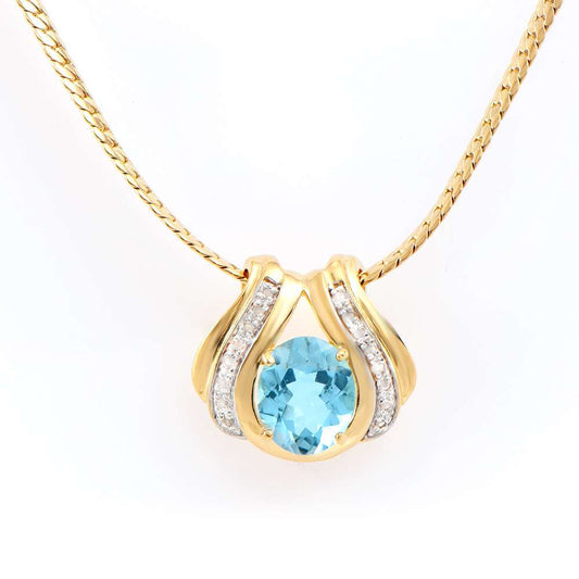 6.12 Tw Cts Blue Topaz & Diamonds 18K Gold Plated Designer Necklace Size 16 Inches