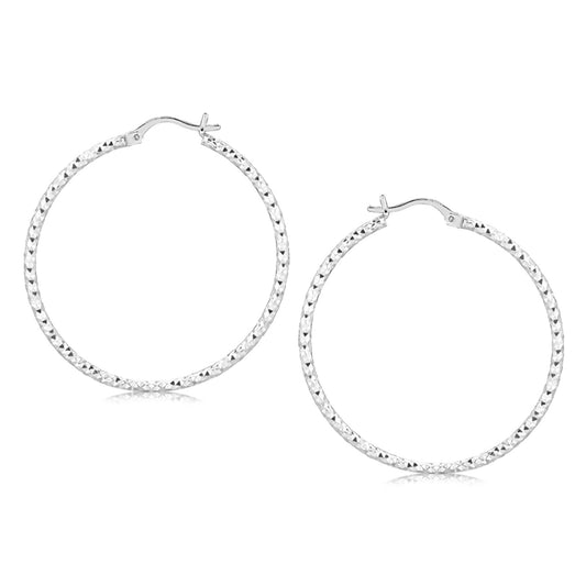 Sterling Silver Rhodium Plated Large Faceted Style Hoop Earrings(2x40mm)