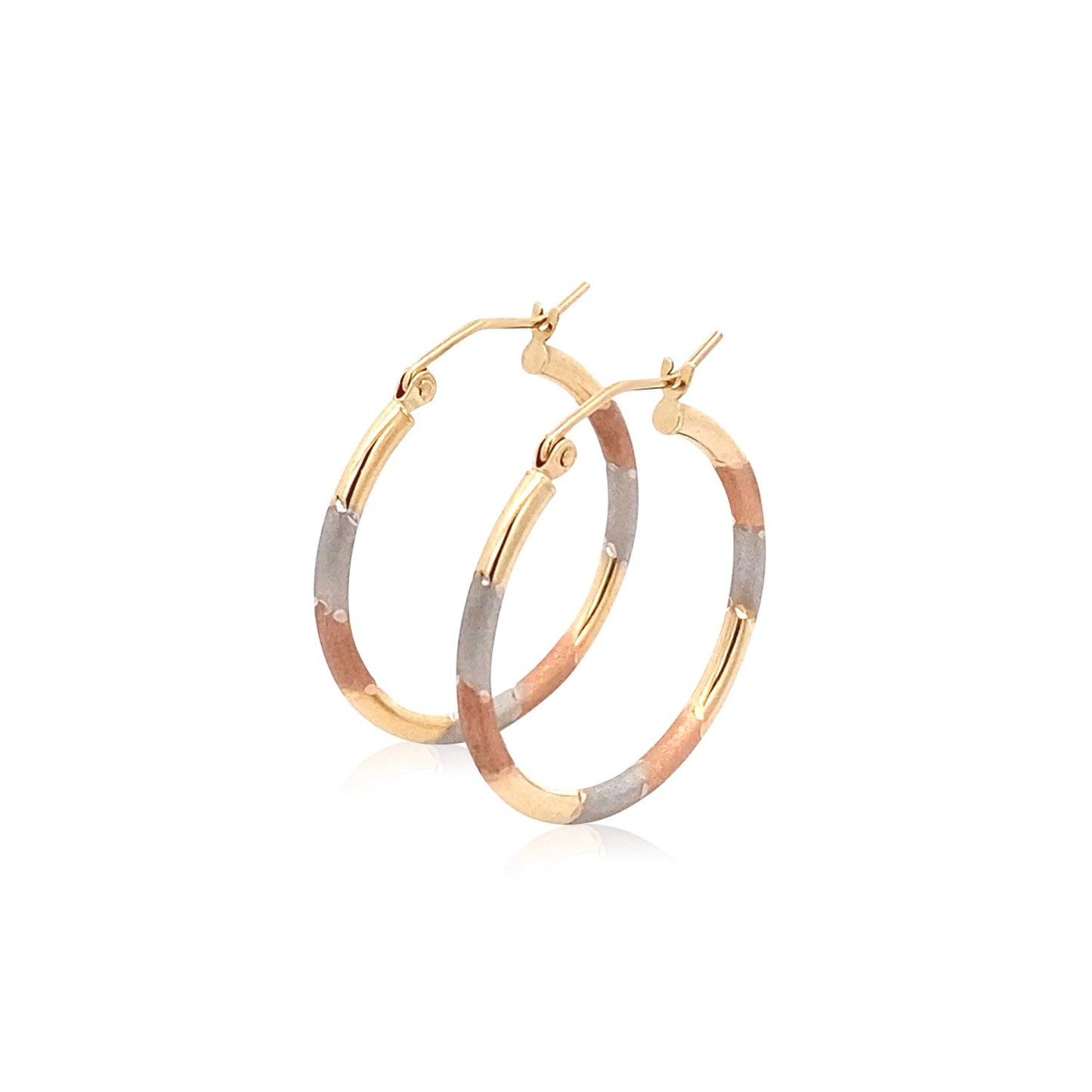 14k Tri-Color Textured Hoop Earrings (2x22mm)