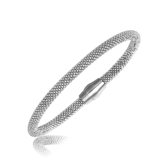 Sterling Silver Rhodium Plated Popcorn Motif Bangle (4.80 mm)