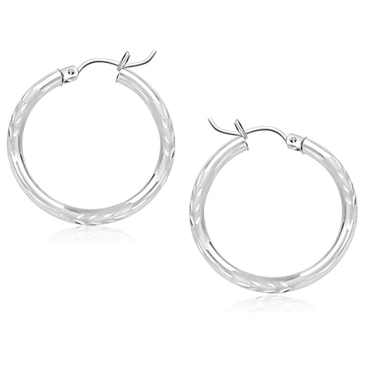 14k White Gold Diamond Cut Hoop Earrings (3x25mm)