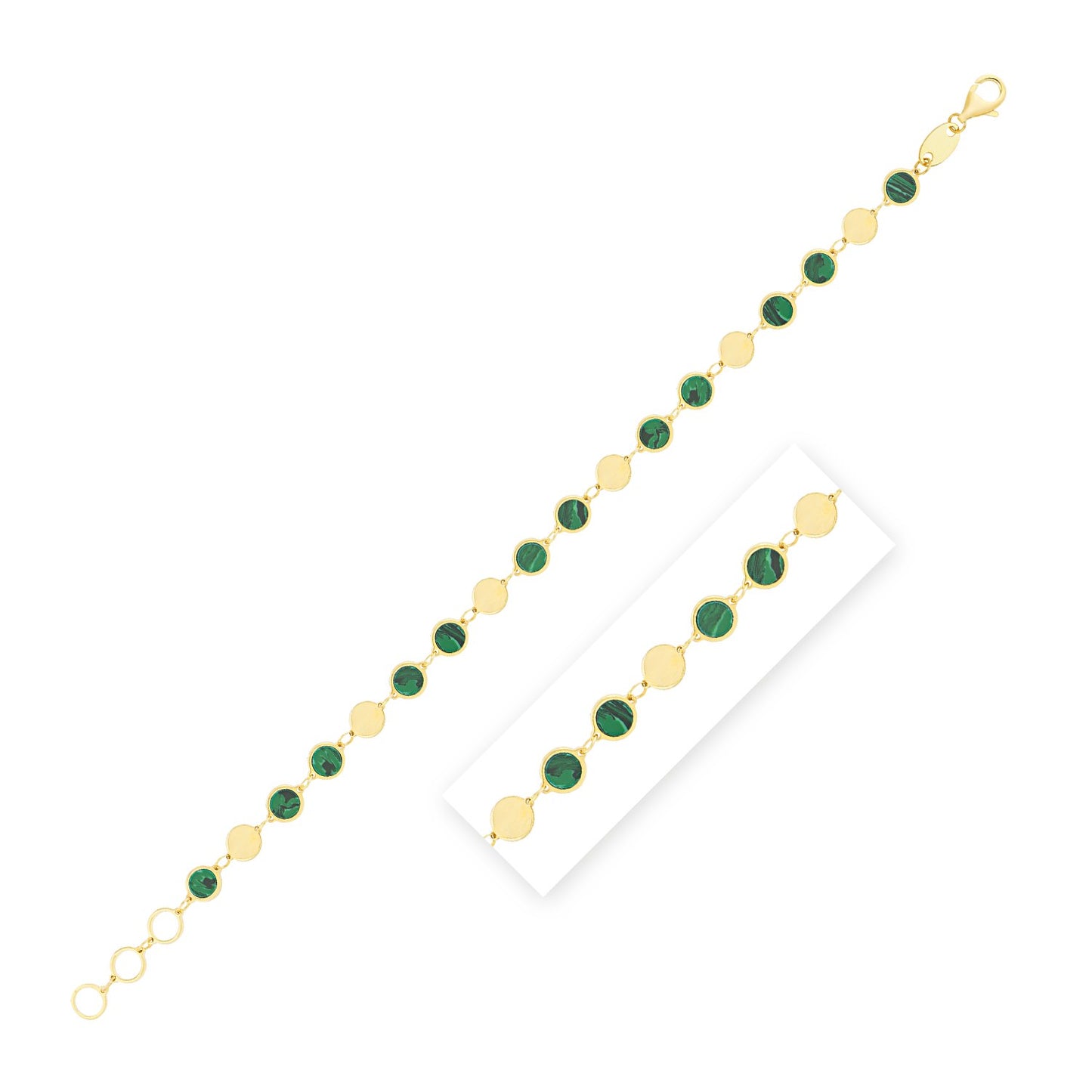 14k Yellow Gold Malachite Geometric Mirror Gem Chain Bracelet (5.00 mm)