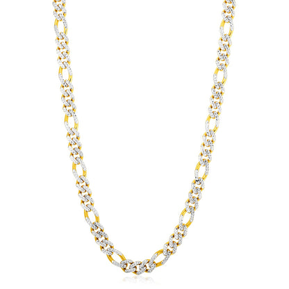 14k Yellow Gold White Pave High Polish Modern Lite Figaro Chain (8.00 mm)