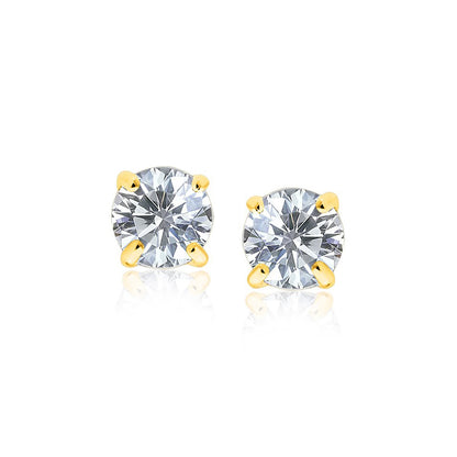 14k Yellow Gold Stud Earrings with White Hue Faceted Cubic Zirconia(7mm)