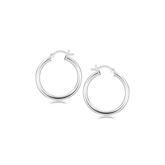 Sterling Silver Rhodium Plated Polished Look Hoop Earrings (3x25mm)