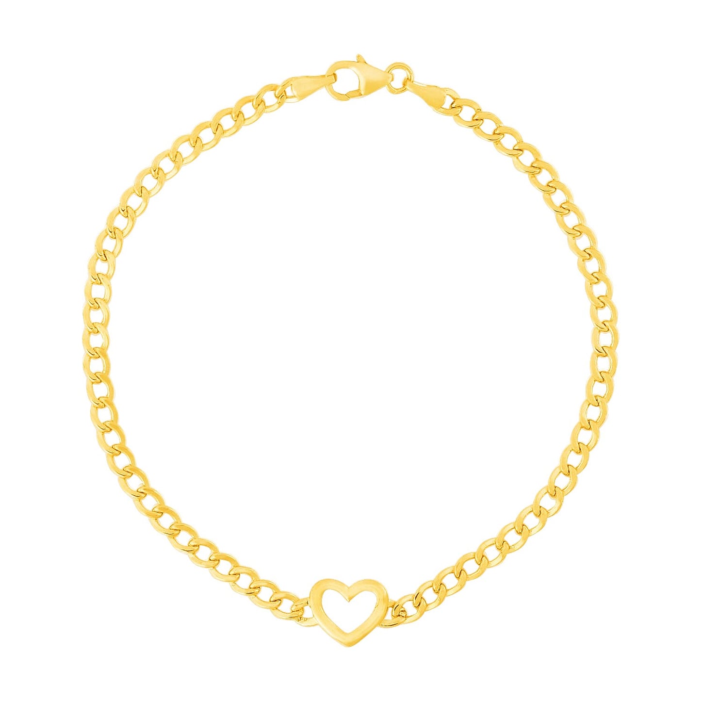 14k Yellow Gold 7 inch Curb Chain Bracelet with Heart (3.40 mm)