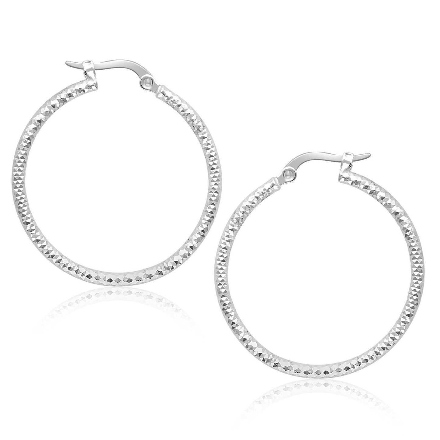 14k White Gold Tube Textured Round Hoop Earrings(1.5x25mm)