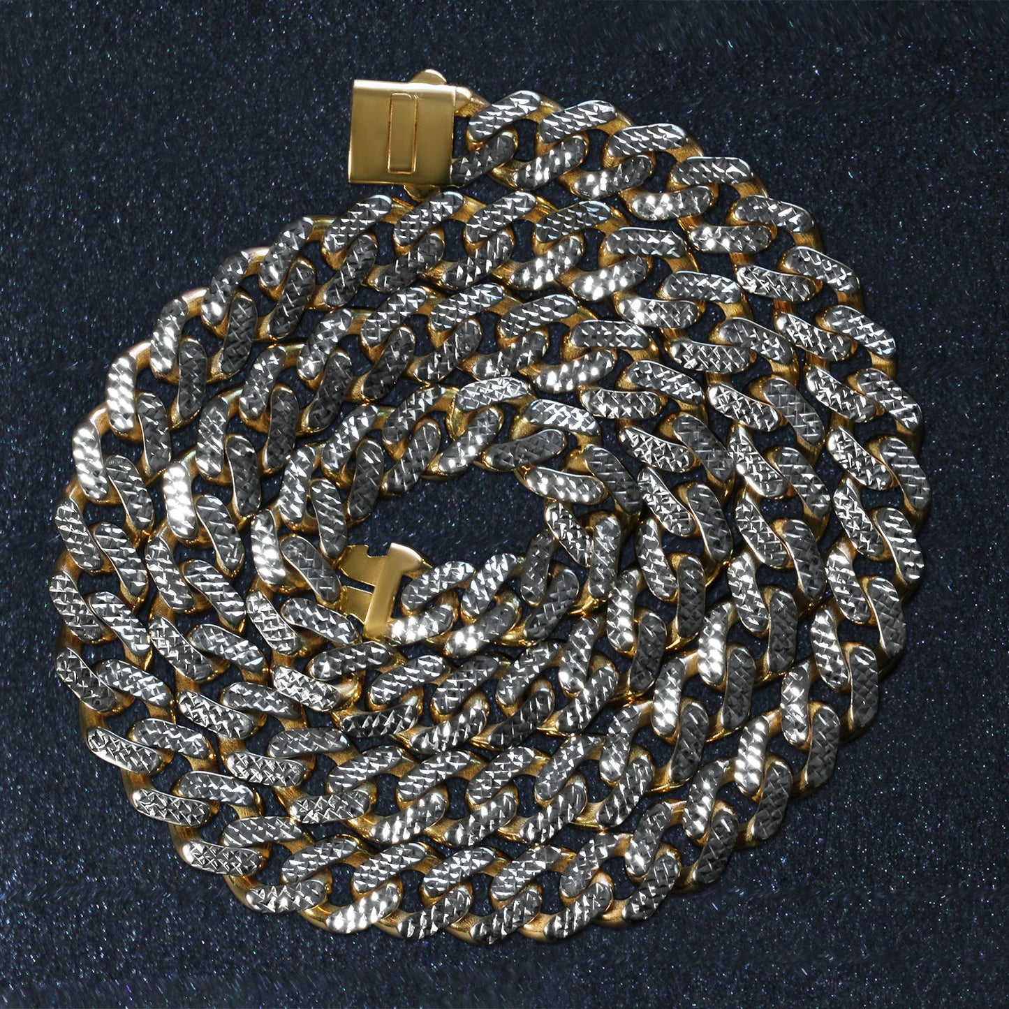 14k Two Tone Gold Miami Cuban Chain Necklace with White Pave