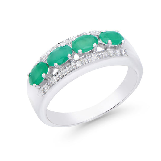 1.08 Cts Certified Diamonds & Brasil Emerald 14K White Gold Designer Ring Size 7.5