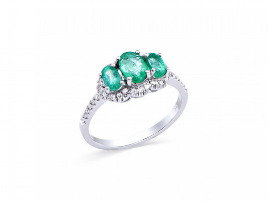 1.00 Cts Certified Diamonds & Brasil Emeralds 14K White Gold Designer Ring Size 7.5