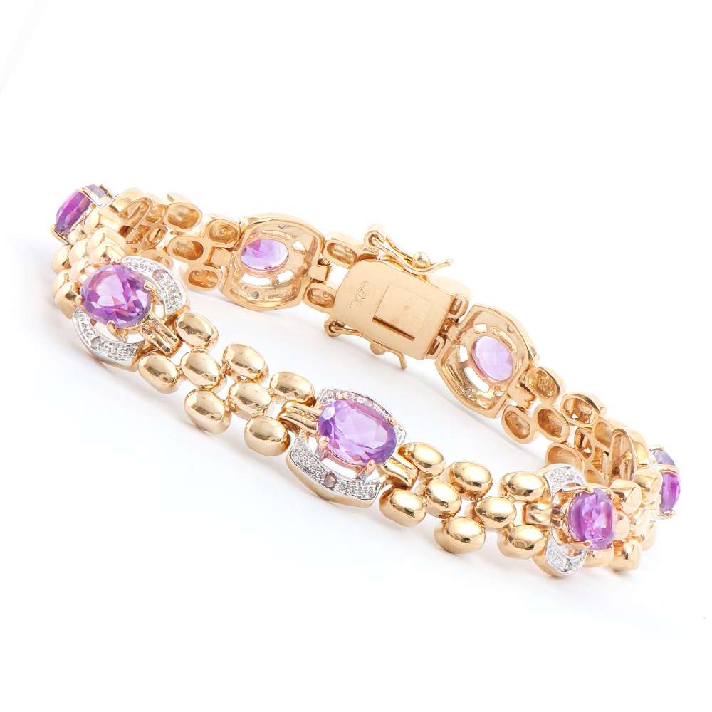 7.60 Tw Cts Amethyst & Diamonds 18K Gold Plated Designer Bracelet Size 7.6 Inches