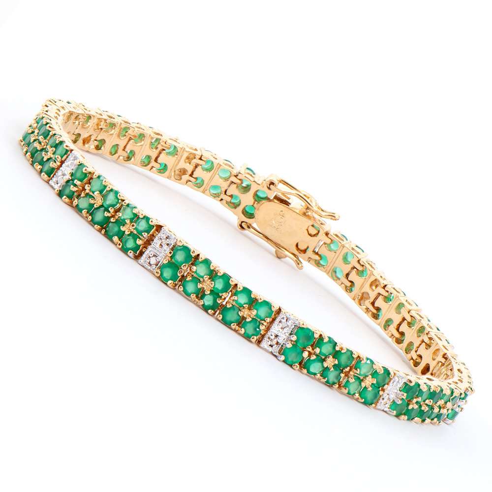 7.03 Tw Cts Green Agate & Diamonds 18K Gold Plated Designer Bracelet Size 7.6 Inches