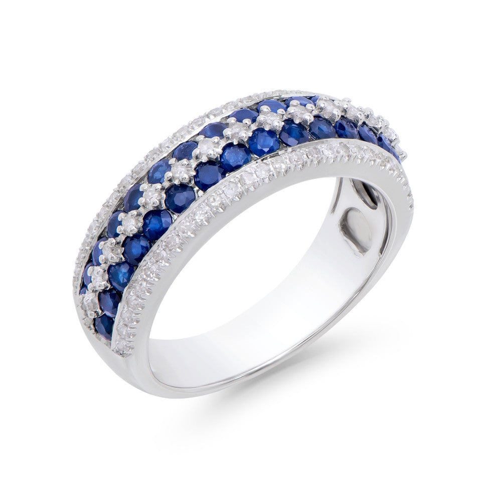 1.56 Cts Certified Diamonds & Blue Sapphire 14K  White Gold Designer Ring Sie 7.5