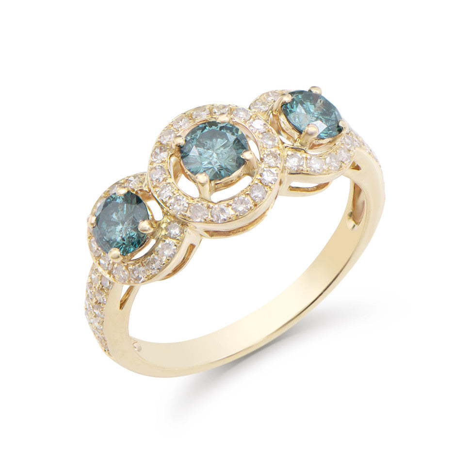 1.27 Cts Tw Certified Diamonds 14K Yellow Gold Designer Ring Size 7.5 With 3 Stone Swiss Blue Color And White Diamonds