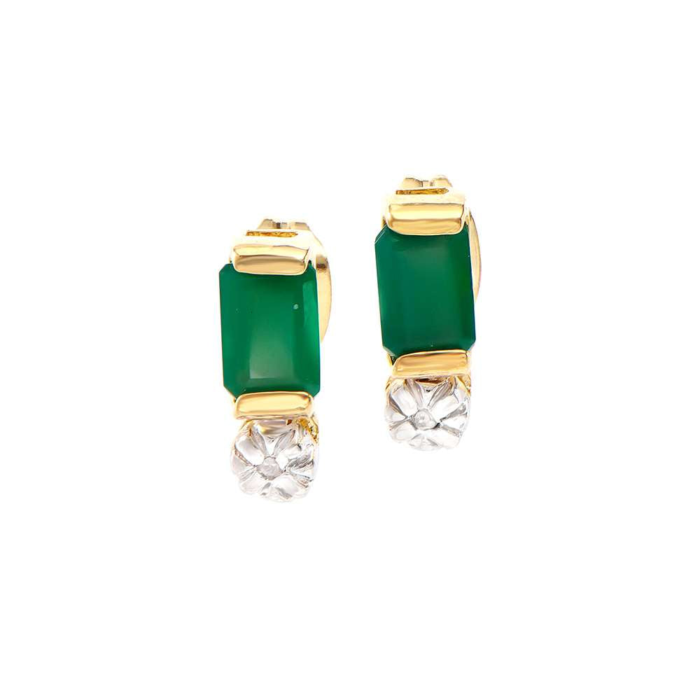 1.12 Tw Cts Green Agate & Diamonds 18K Gold Plated Designer  Ear-Rings