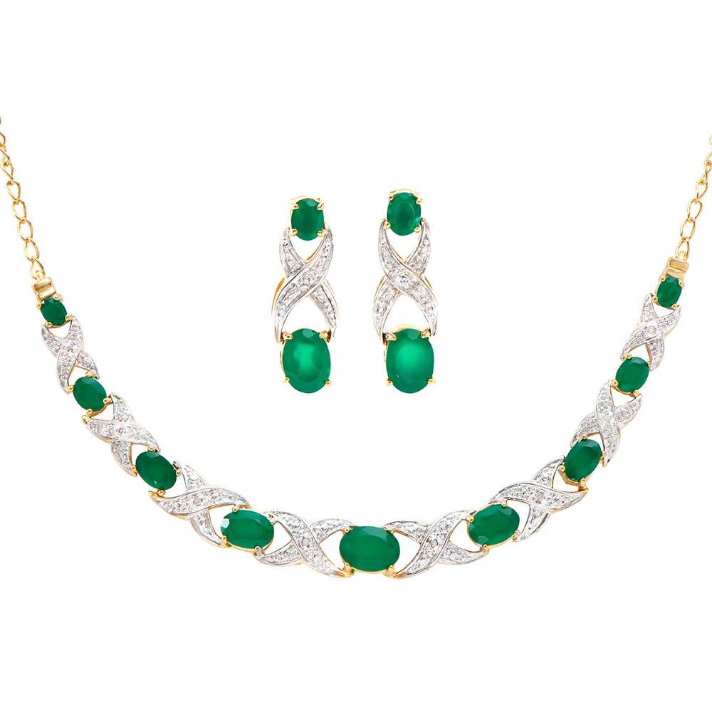 6.18 Tw Cts Green Agate & Diamonds 18K Gold Plated Designer Necklace & Ear-Ring Set 19 Inches