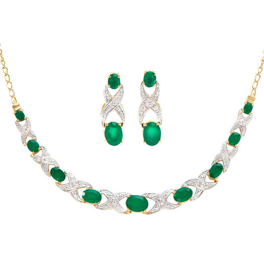 6.18 Tw Cts Green Agate & Diamonds 18K Gold Plated Designer Necklace & Ear-Ring Set 19 Inches