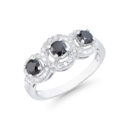 1.27 Cts Tw Certified Diamonds 14K White Gold Designer Ring Size 7.5 With 3 Black Diamonds & White Diamonds