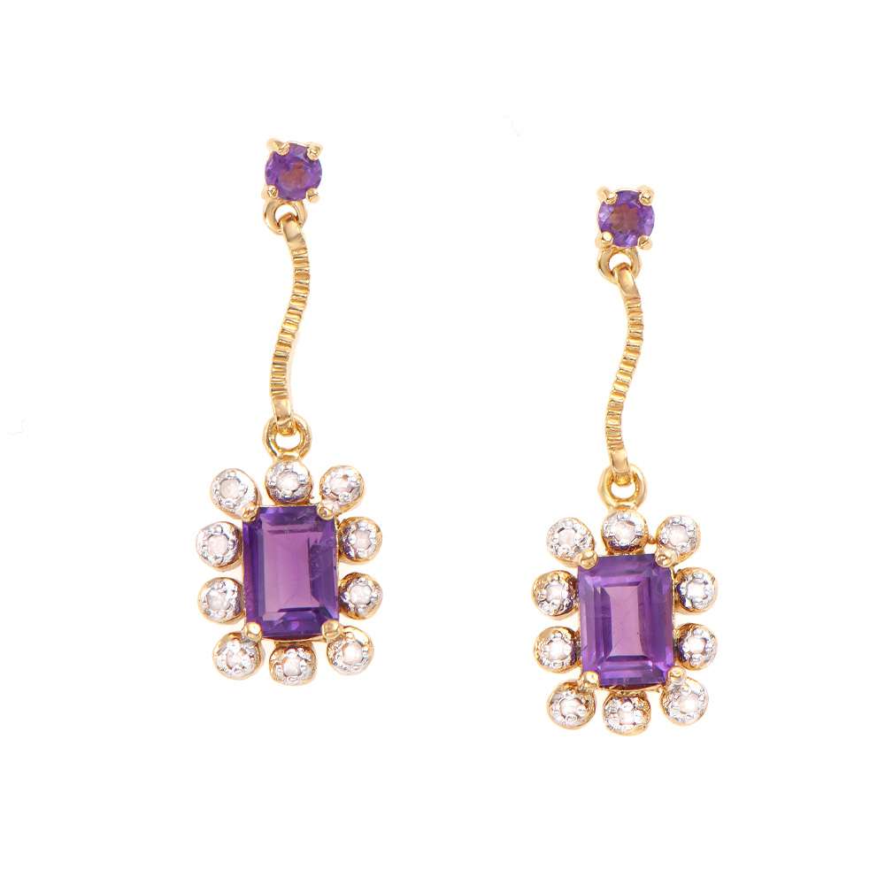 1.95 Tw Cts Amethyst & Diamonds 18K Gold Plated Designer Ear-Rings