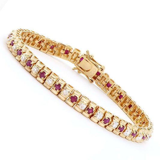 2.52 Tw Cts Ruby & Diamonds 18K Gold Plated Designer Bracelet Size 7.6 Inches