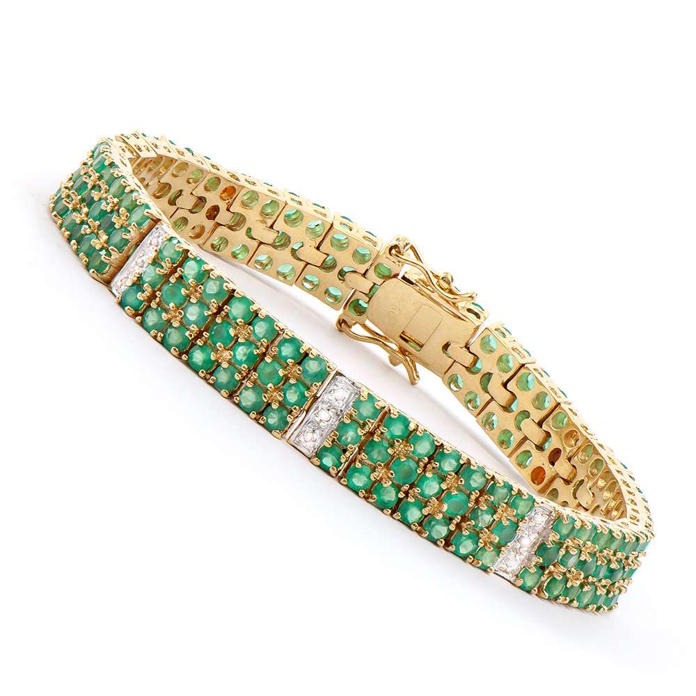 6.38 Tw Cts Green Agate & Diamonds 18K Gold Plated Designer 3 Row  Bracelet Size 7.5 Inches