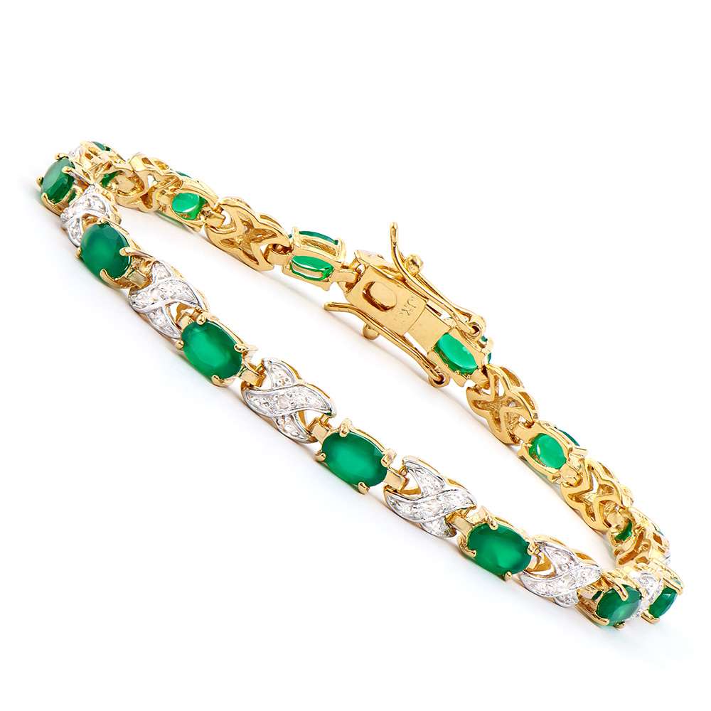 4.60 Tw Cts Green Agate & Diamonds 18K Gold Plated Designer Bracelet Size 7.6 Inches