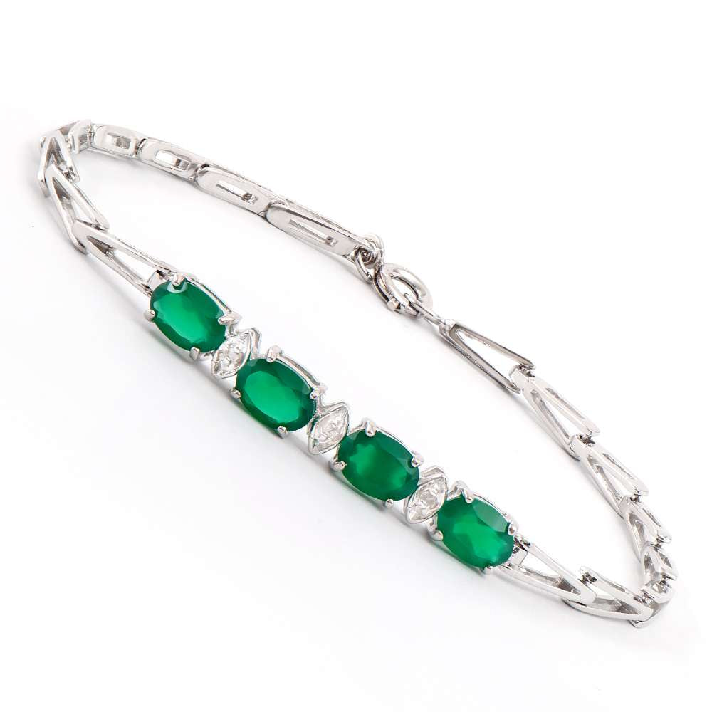 2.58 Tw Cts Green Agate & Diamonds Rhodium Plated  Designer Bracelet Size 7.6 Inches