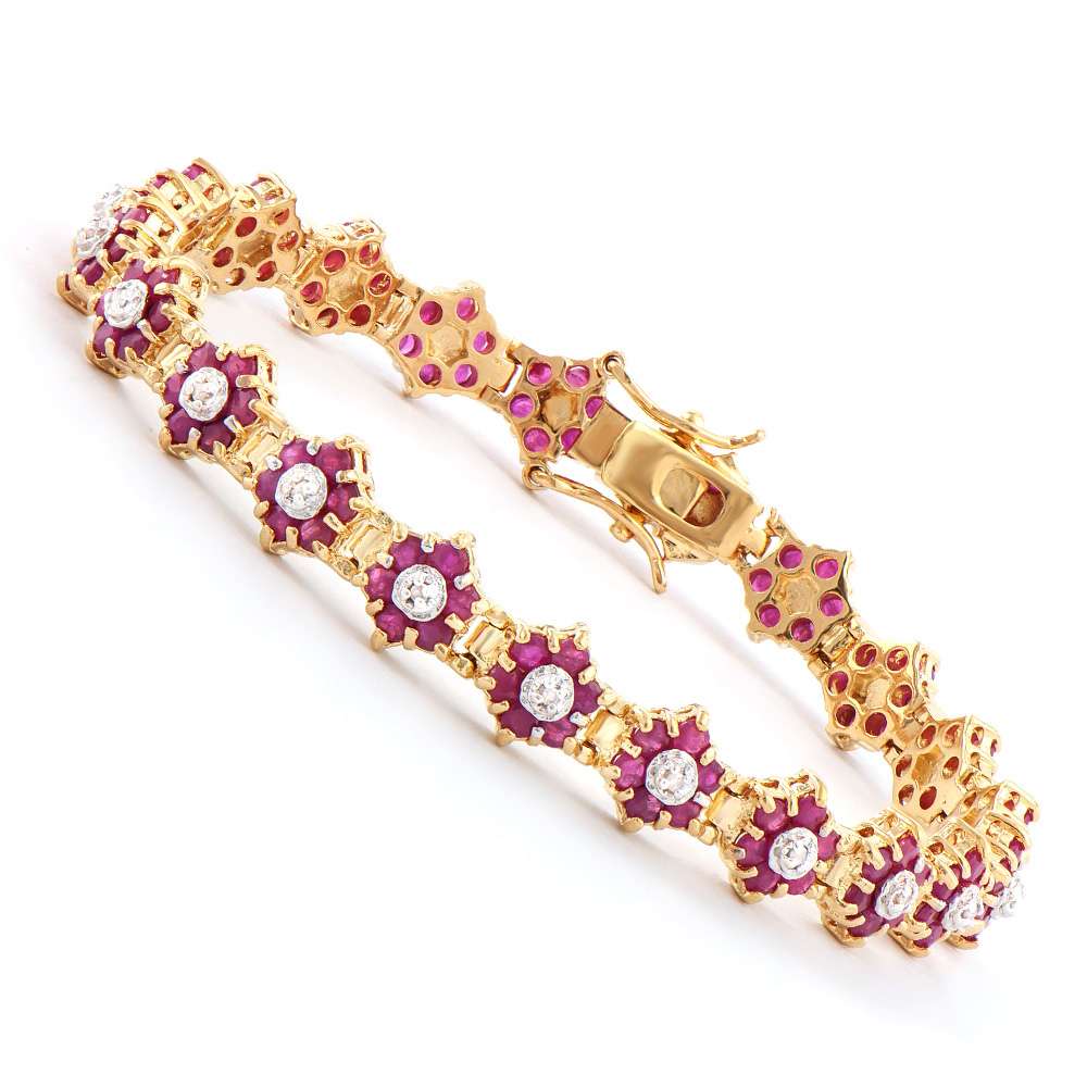 6.71 Tw Cts Ruby & Diamonds 18K Gold Plated Designer Flower Bracelet Size 7.2 Inches