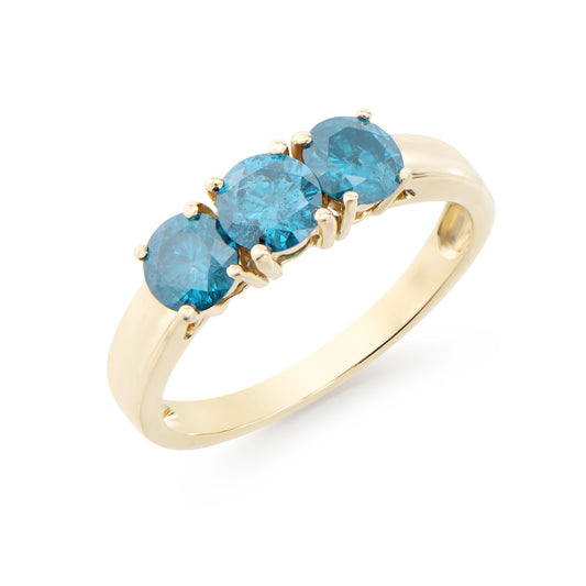 1.26 Cts Tw Certified Diamonds 14K Yellow Gold Designer 3 Stone Ring With London Blue Color Diamonds