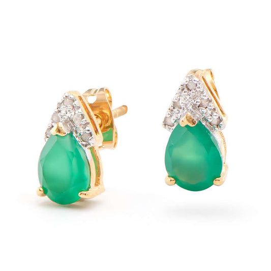 2.08 Tw Cts Green Agate & Diamonds 18K Gold Plated Designer Ear-Rings