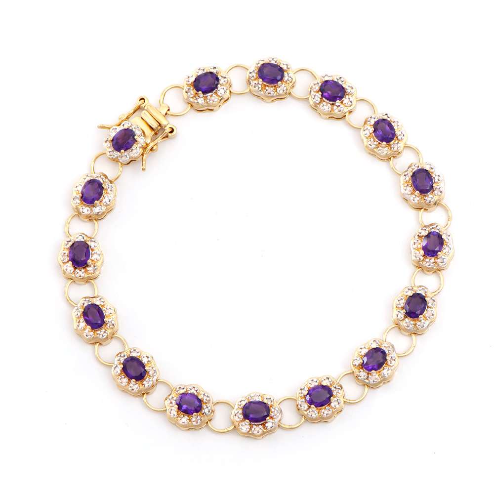 6.46 Tw Amethyst & Diamonds 18K Gold Plated Designer Bracelet Size 8 Inches