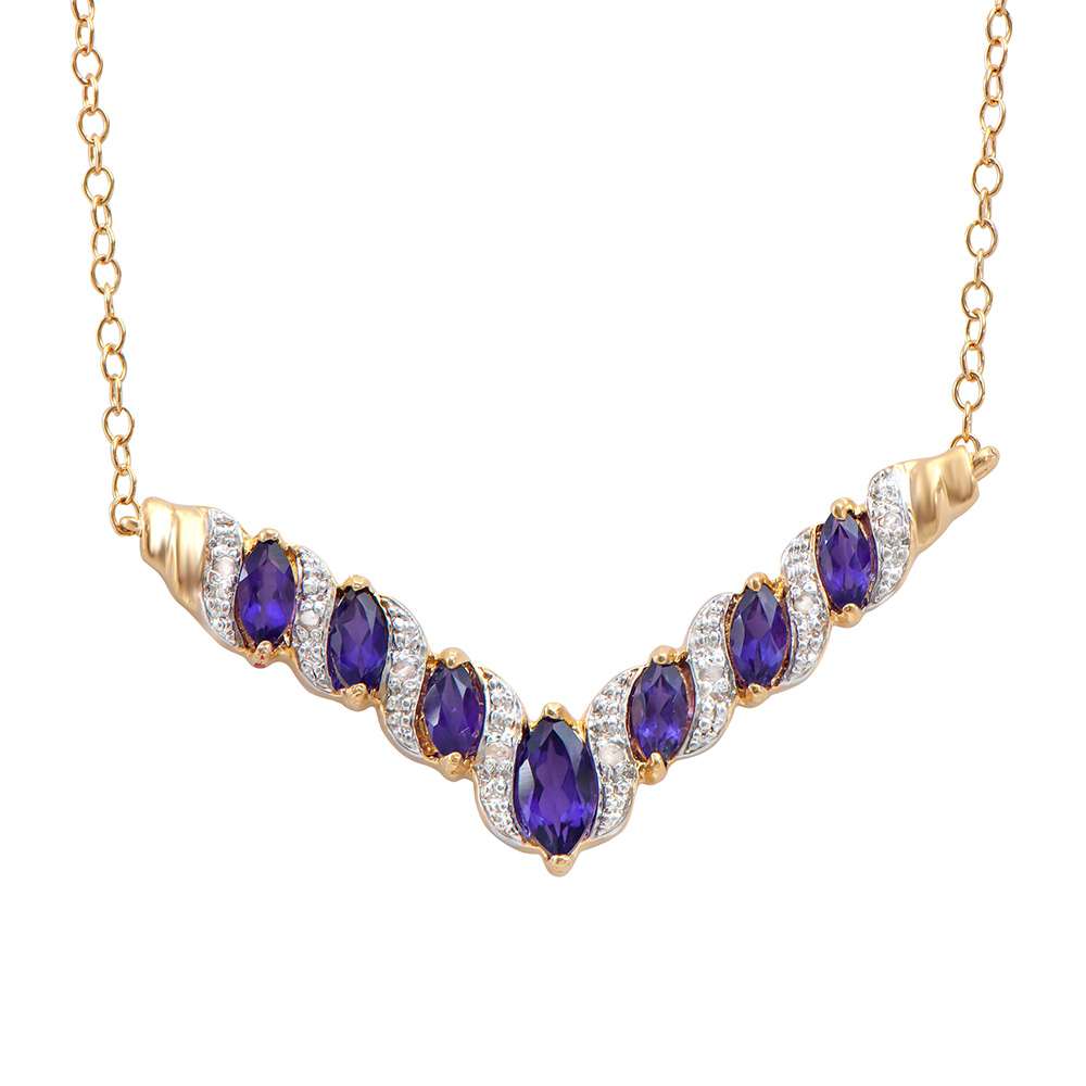 1.76 Tw Cts Amethyst & Diamonds 18K Gold Plated Designer Necklaces 19 Inches