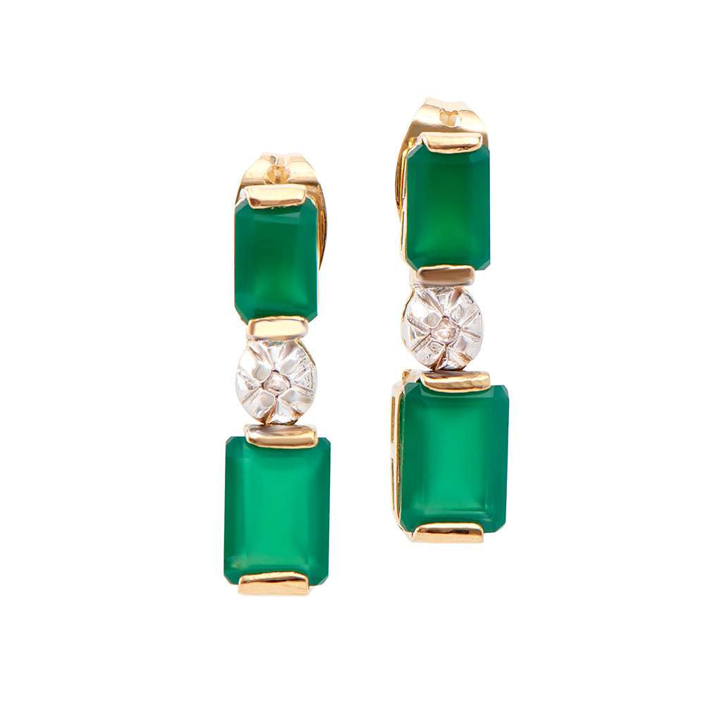 2.52 Tw Cts Green Agate & Diamonds 18K Gold Plated Designer Ear-Rings