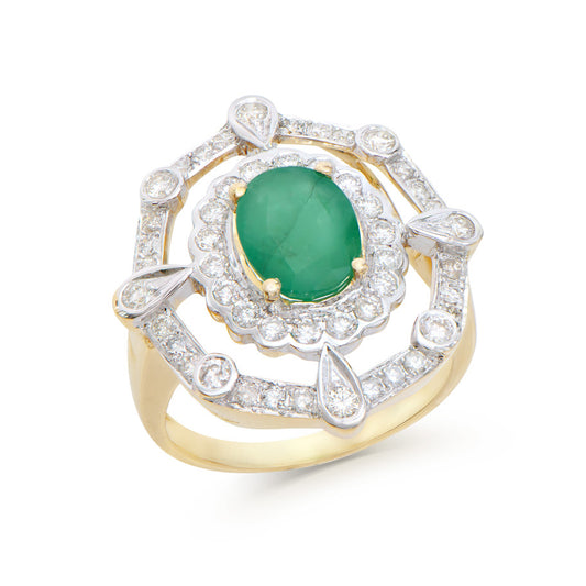 2.57 Cts Certified Diamonds & Brasil Emerald 14K Yellow Gold Designer Ring Size 7.5