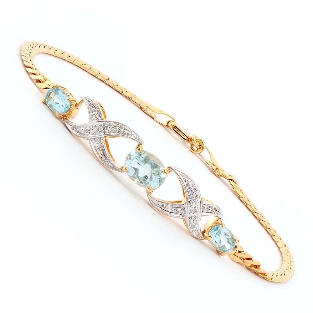 2.32 Tw Cts Blue Topaz & Diamonds 18K Gold Plated Designer Bracelet Size 7.75 Inches