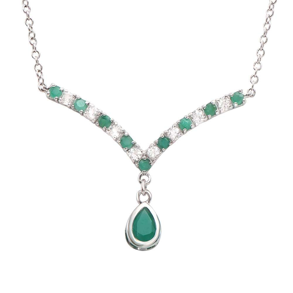 3.00 Tw Cts Emeralds & White Topaz Rhodium Plated Designer Necklace Size 19 Inches