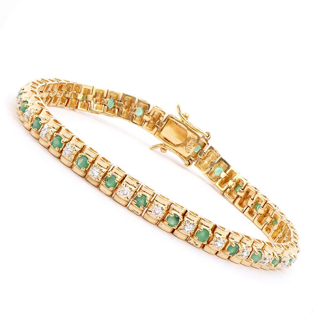 1.82 Tw Cts Emeralds & Diamonds 18K Gold Plated Designer Bracelet Size 7.6 Inches