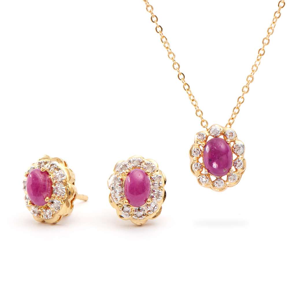 3.05 Tw Cts Ruby & Diamonds 18K Gold Plated Desginer Necklace & Ear-Ring Set