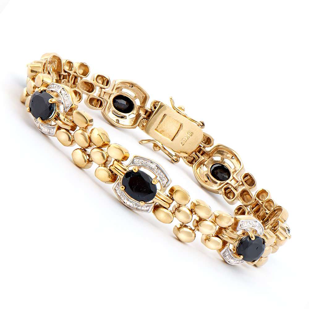 11.10 Tw Cts Black Sapphire & Diamonds 18K Gold Plated Designer Bracelet Size 7.6 Inches