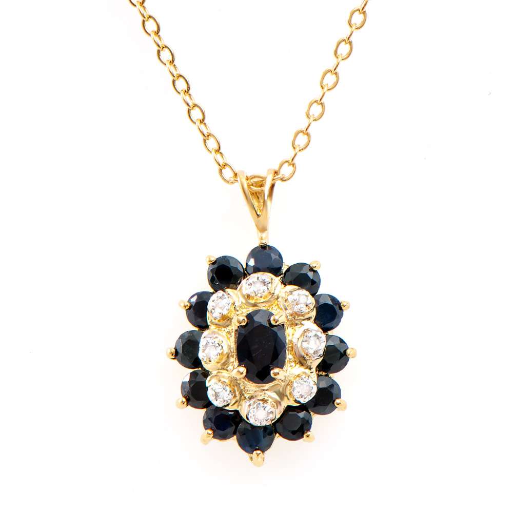 2.66 Tw Cts Black Sapphire & Diamonds 18K Gold Plated Designer Pendant Size 18 Inches