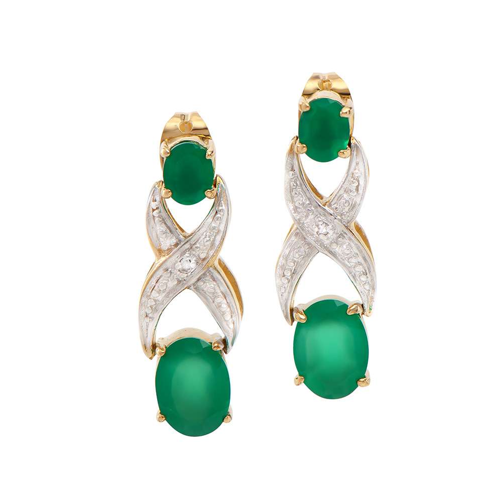 2.67 Tw Cts Green Agate & Diamonds 18K Gold Plated Designer Ear-Rings